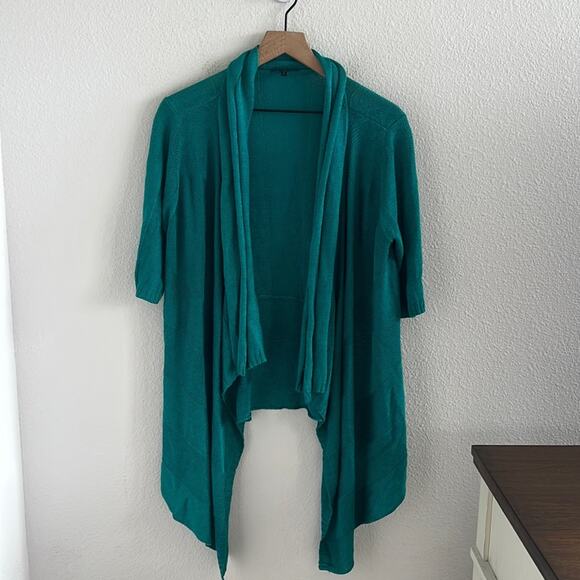 Eileen Fisher Silk Linen Open Front Short Sleeve Sweater Waterfall Large - Picture 1 of 8